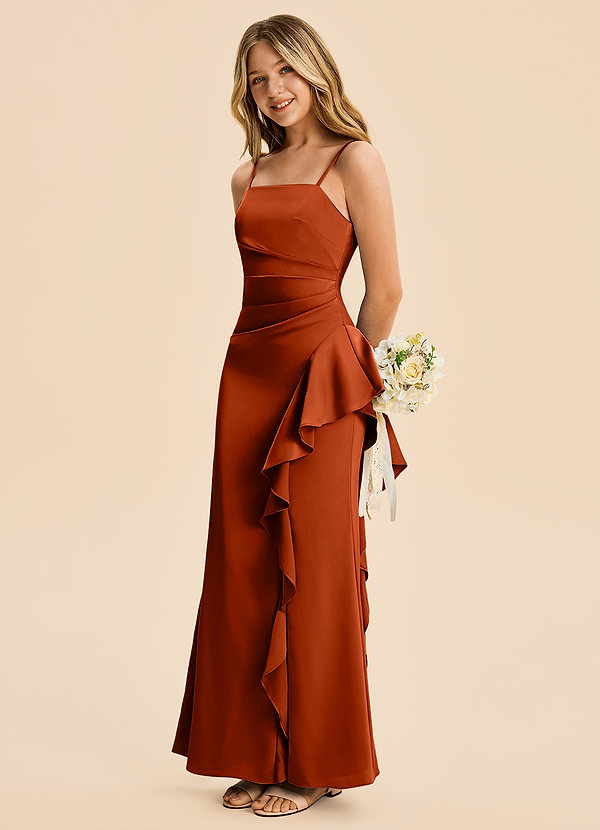 Azazie Lyla Junior Paprika Mermaid Pleated Stretch Satin Dress image1