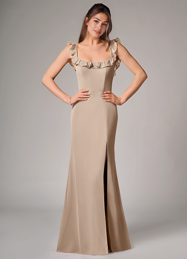 Azazie Callie Bridesmaid Dresses Taupe Mermaid Side Slit Chiffon Convertible Dress image1
