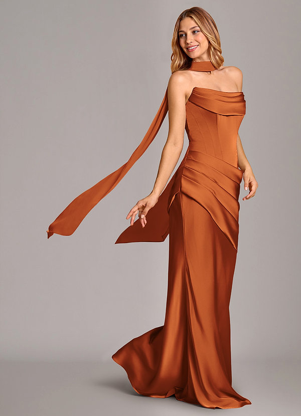 Azazie Pelagia 신부 들러리 드레스 인어 코르셋 스트레치 새틴 바닥 길이 드레스 image1