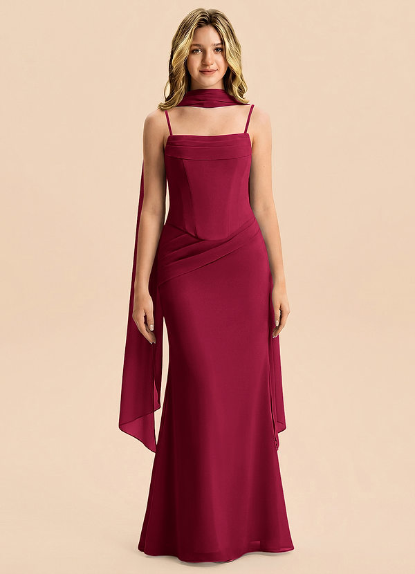 Azazie Sorrel Junior Burgundy Mermaid Pleated Chiffon Dress image1