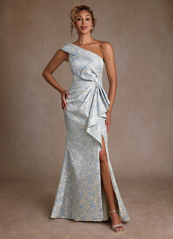 Azazie Hampton Vestidos de Madre de la Novia Vestido de Azul Polvoriento de Jacquard de Corte Sirena con Hombro unilateral image1