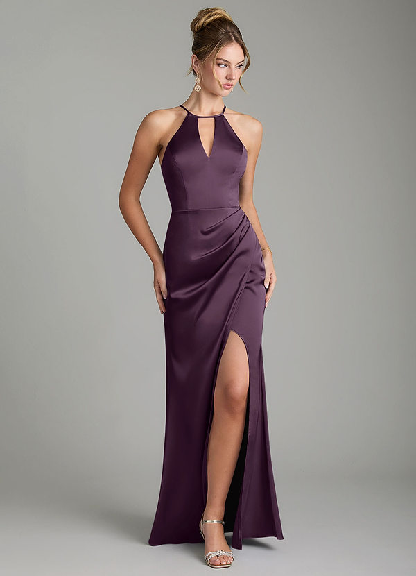 Azazie Aidyn Vestidos de dama de honor Vestido de Ciruela de Satén Elástico de Corte Recto con Plisado image1