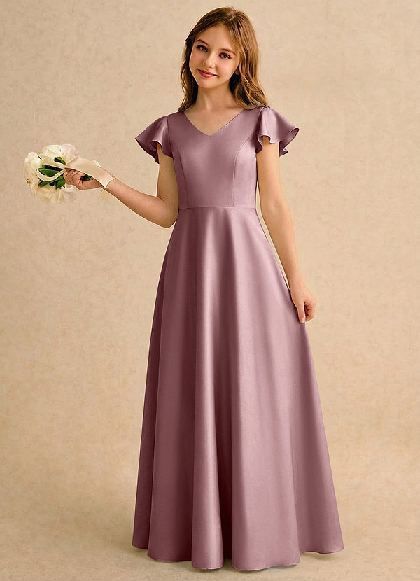 Azazie Nari Girls Formal Sukienki dla dziewczynek sypiących kwiaty Linia A z rękawami Matowy satynowy Długość podłogi Sukienka image1