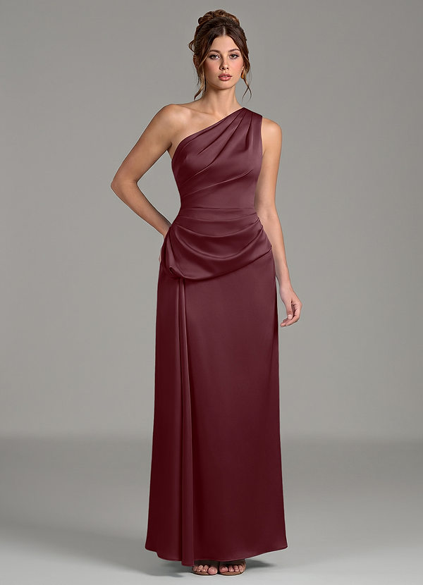 Azazie Zahira Bridesmaid Dresses Sangria Sheath One Shoulder Stretch Satin Dress image1