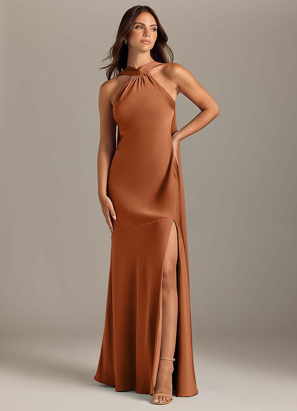 Azazie Kinsley Vestidos de Dama de Honor Vestido Cobre de Cetim elástico de sereia com Racha Lateral image1