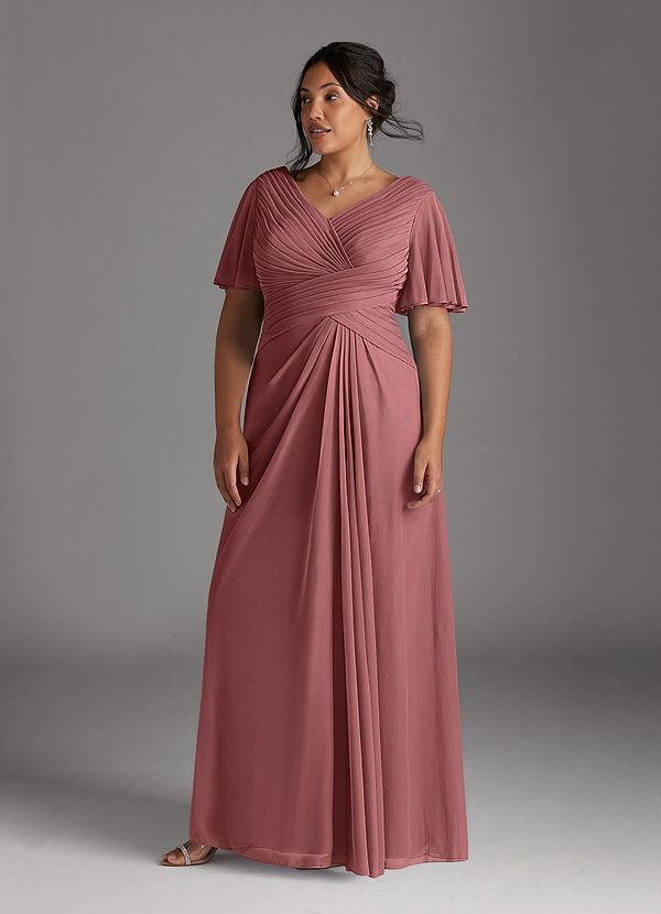 Azazie Emmeline Robe Mère de la Mariée & du Marié Robe Trapèze en Maille Col V plissé Rose Du Désert image1