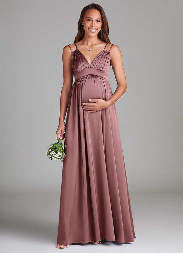 Azazie Emree Brautjungfernkleider für Schwangere A-Linie mit Taschen Stretch-Satin Bodenlänge Kleid image1
