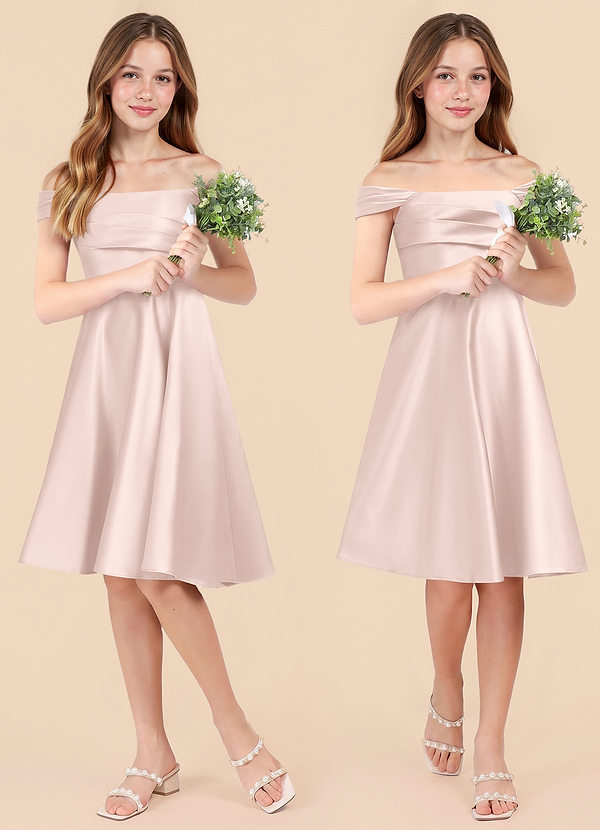 Azazie Amira Junior Blushing Pink A-Line Pleated Stretch Satin Dress image1