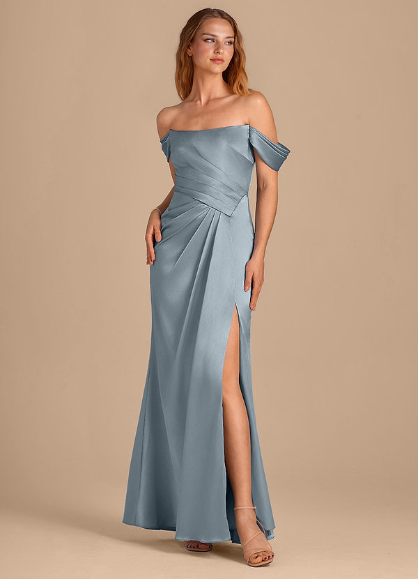 Azazie Shea Bridesmaid Dresses Dusty Blue Mermaid Off the Shoulder Metallic Satin Convertible Dress image1