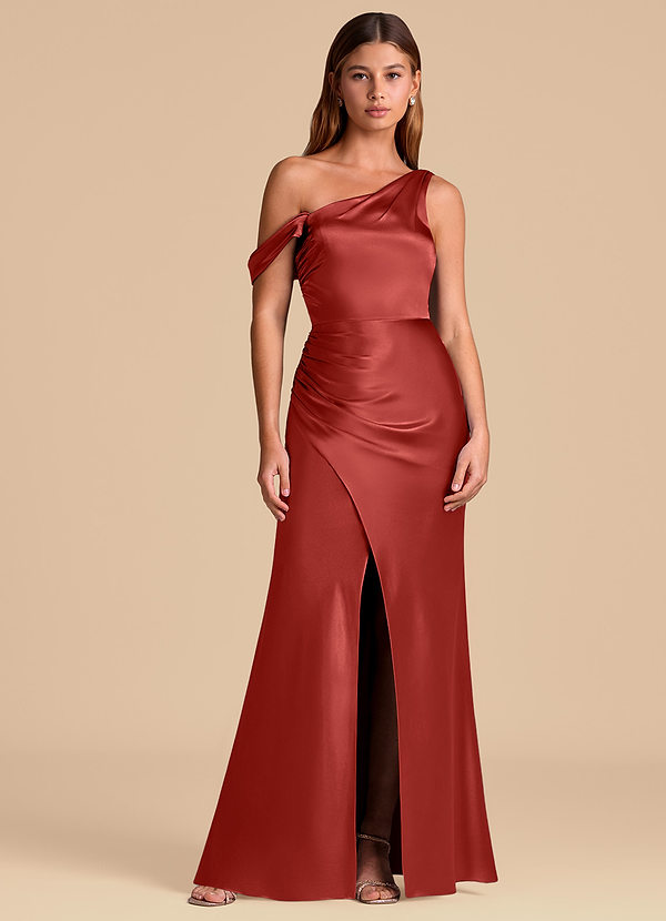 Azazie Madelyn 신부 들러리 드레스 인어 오프 더 숄더 메탈릭 새틴 바닥 길이 드레스 image1