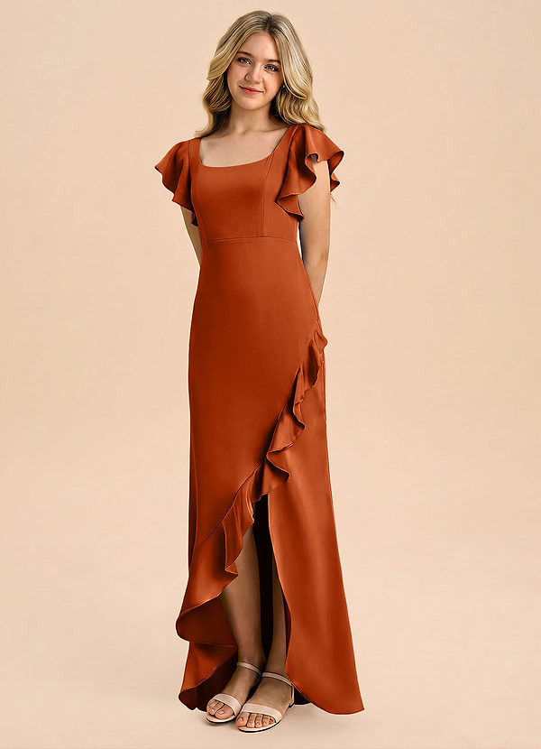 Azazie Demi Junior Vestido de Naranja Quemada de Satén Elástico de Corte Sirena con Lazo image1
