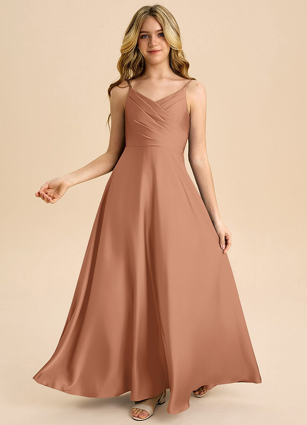 Azazie Bug Junior Robe Trapèze en Satin extensible Plissée Bronze image1