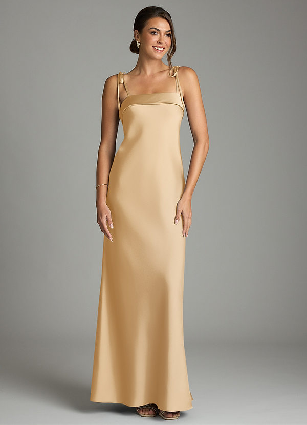 Azazie Ellia Bridesmaid Dresses Gold Sheath Bow Stretch Satin Dress image1