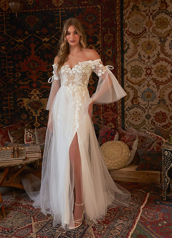 Azazie Stevie Wedding Dresses A-Line Lace Tulle Chapel Train Dress image1