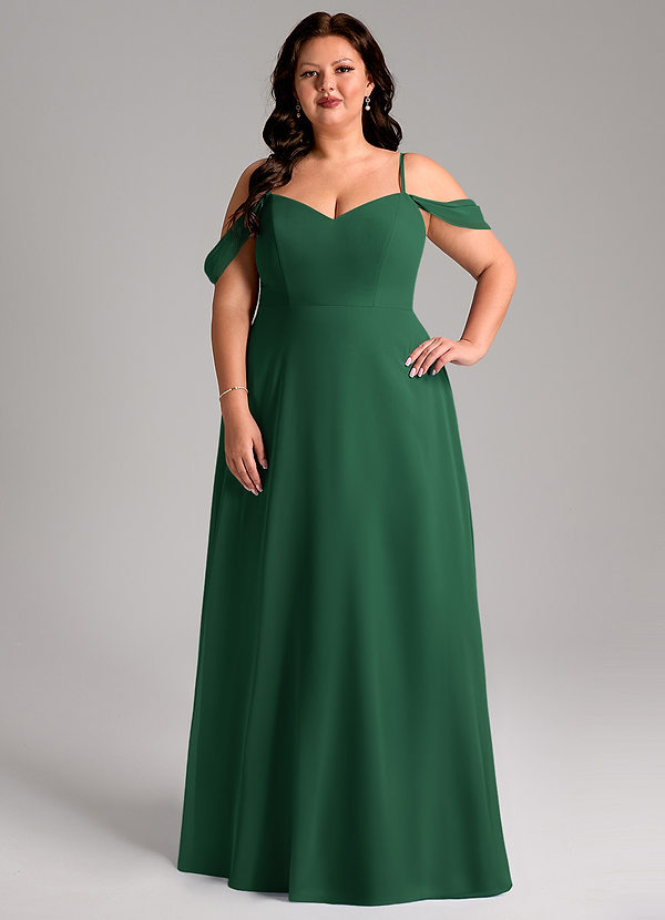 Azazie Marley Robes Demoiselle d'honneur Robe Trapèze Convertible en Mousseline de soie Épaule décolletée Vert Foncé image1
