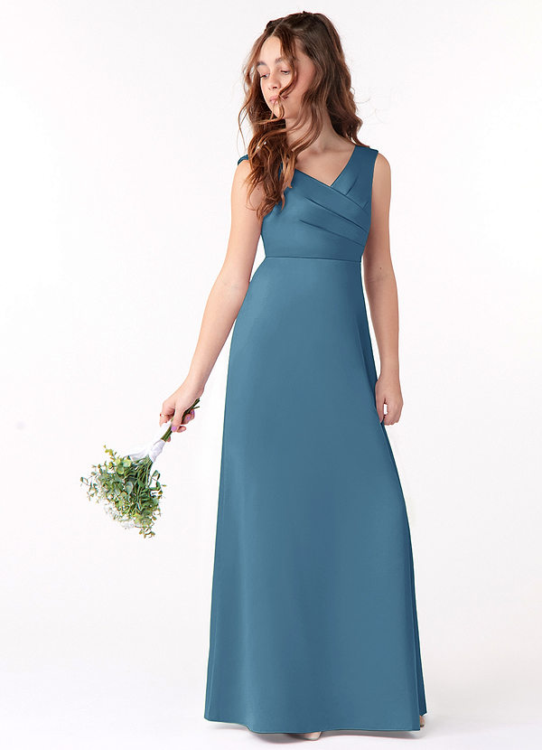 Azazie Sadia Junior Steel Blue A-Line Pleated Matte Satin Dress image1