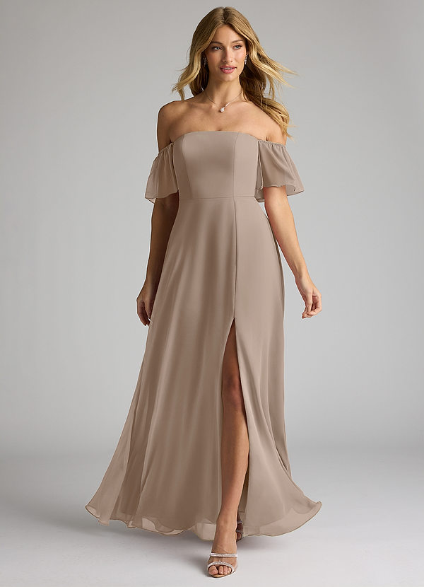 Azazie Sue Bridesmaid Dresses Taupe A-Line Off the Shoulder Chiffon Convertible Dress image1