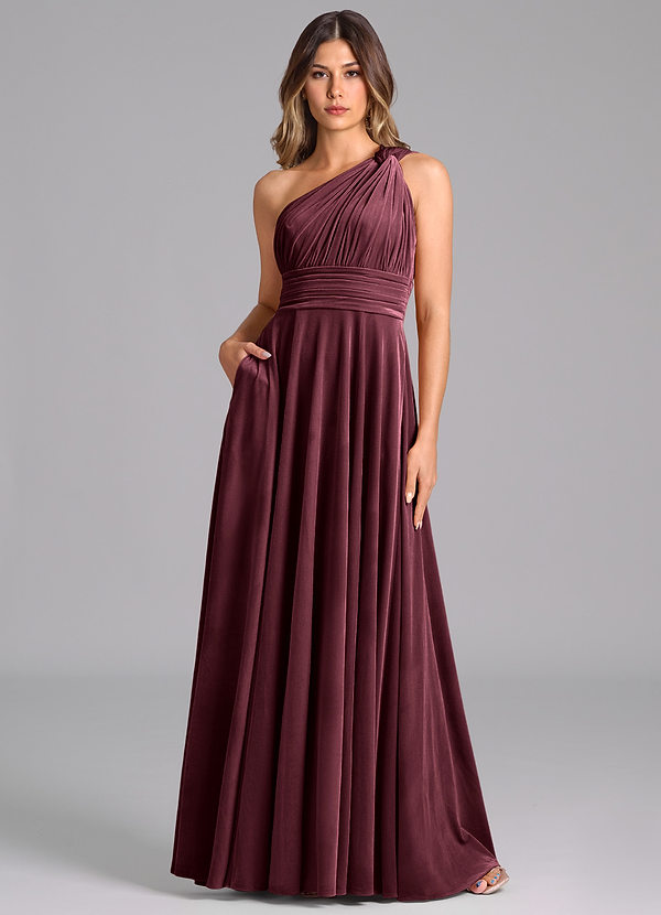 Azazie Charlize Bridesmaid Dresses Raspberry A-Line One Shoulder Velvet Dress image1