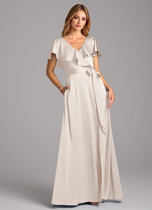 Azazie Lainey Bridesmaid Dresses White Alabaster A-Line with Pockets Stretch Satin Dress image1