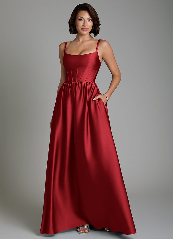 Azazie Mona Bridesmaid Dresses Scarlet A-Line Corset Stretch Satin Dress image1