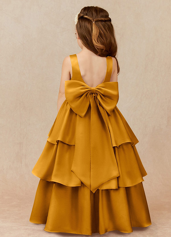 Azazie Margie Flower Girl Dresses Butterscotch A-Line Bow Stretch Satin Dress image1