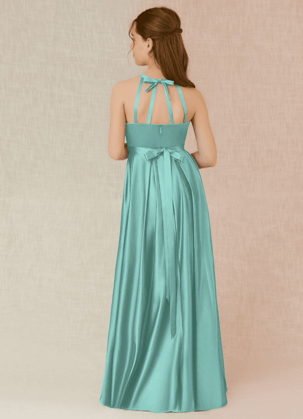 Azazie Arianthe Junior Vestido de Aqua de Satén Elástico de Corte En A con Con bolsillos image1