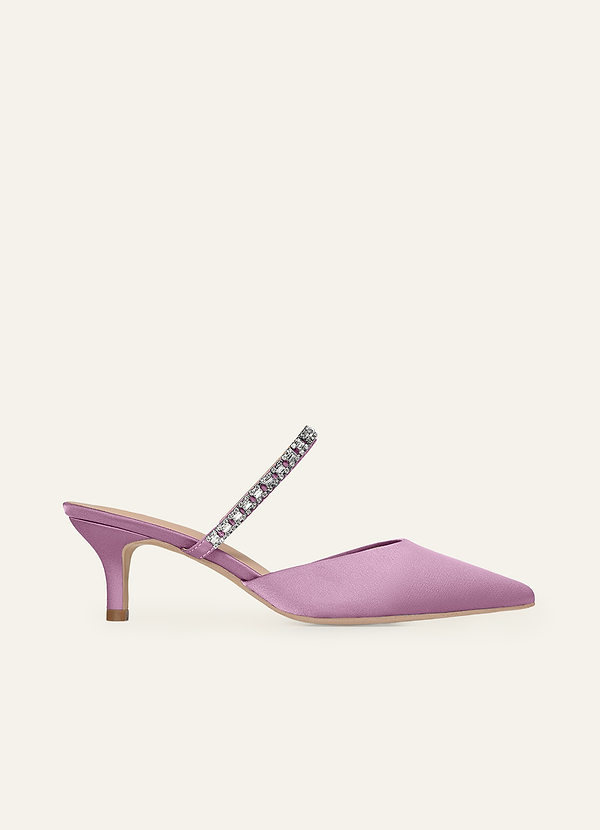 front Matching Color Stretch Satin Rhinestone Slip-on Kitten Heels