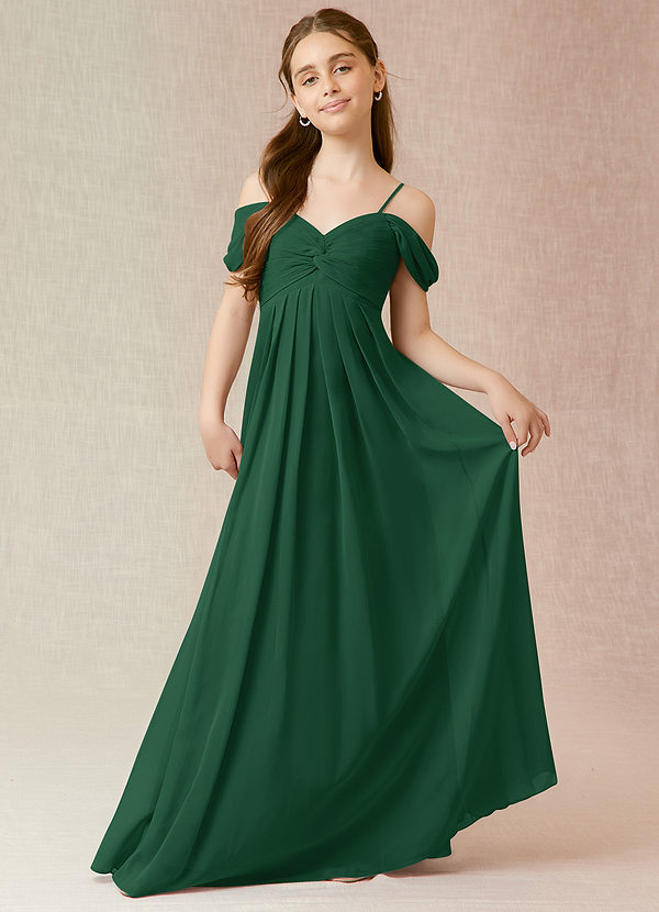 Azazie Kaitlynn Junior Dark Green A-Line Off the Shoulder Chiffon Dress image1