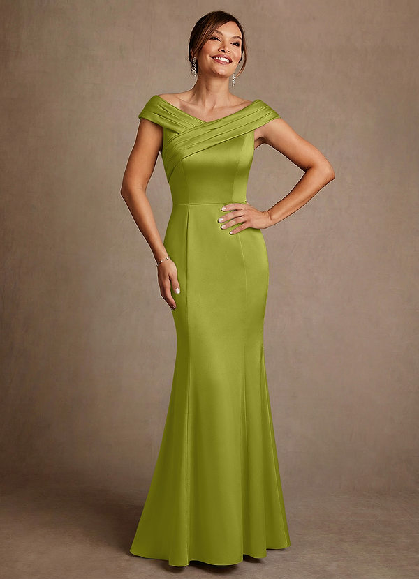 Azazie Aberdeen Mother of the Brides Dresses Lemongrass Sheath Pleated Stretch Satin Dress image1