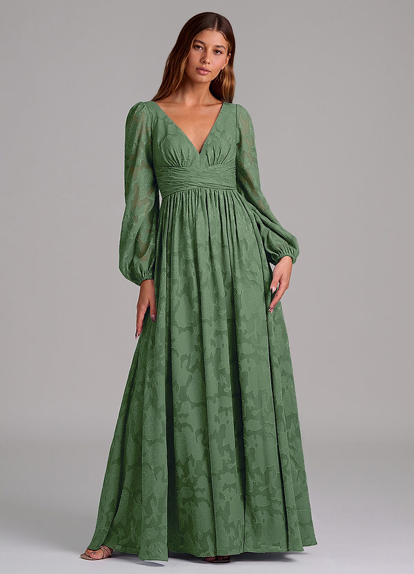 Azazie Norah Robes Demoiselle d'honneur Robe Trapèze en Blumen-Burnout Manche longue Eucalyptus image1