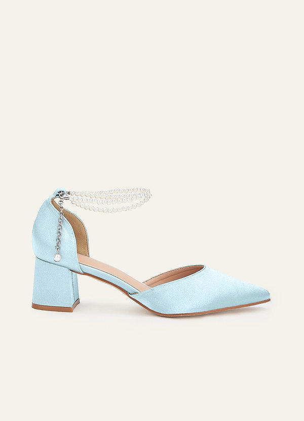 front Matching Color Metallic Satin Pearl Strap Pointed Toe Block Heels
