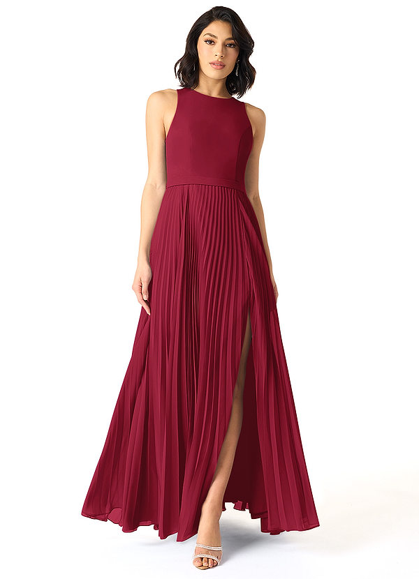 Azazie Lindie Bridesmaid Dresses Burgundy A-Line Scoop Pleated Chiffon Dress image1