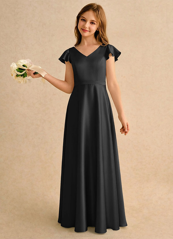 Azazie Nari Girls Formal Blomsterpigekjoler A-Line med ærmer Stræk satin Gulv-længde Kjole image1