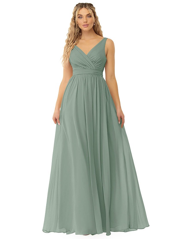 Azazie Kora Vestidos de dama de honor Vestido Salvia Plateada de Gasa de Línea A con Plisado image1