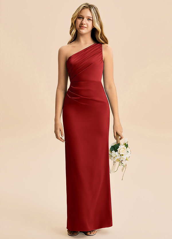 Azazie Akilah Junior Pomegranate Sheath Pleated Stretch Satin Dress image1