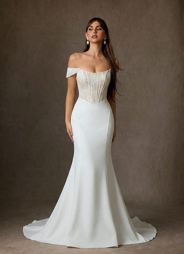 Azazie Yamelle Wedding Dresses Diamond White Champagne Mermaid Off the Shoulder Satin Dress image1