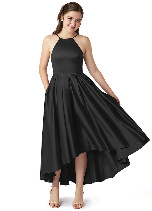 Azazie Jemima Junior Black A-Line with Pockets Stretch Satin Dress image1