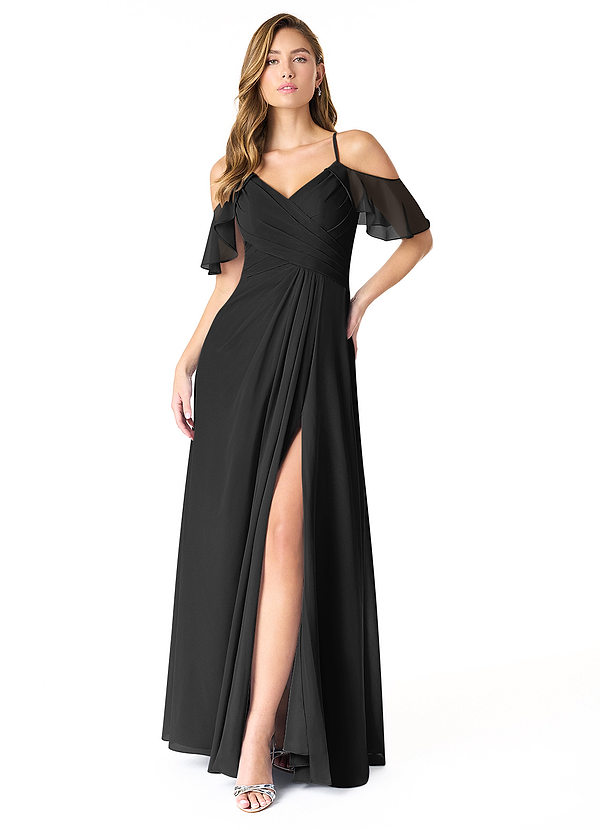 Azazie Dakota Bridesmaid Dresses Black A-Line V-Neck Pleated Chiffon Dress image1