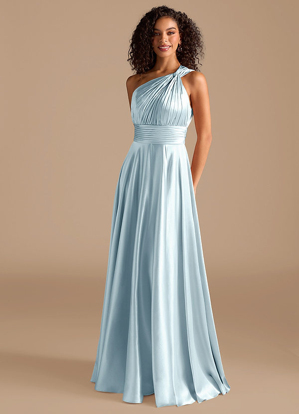 Azazie Charlize Bridesmaid Dresses Sky Blue A-Line One Shoulder Metallic Satin Dress image1