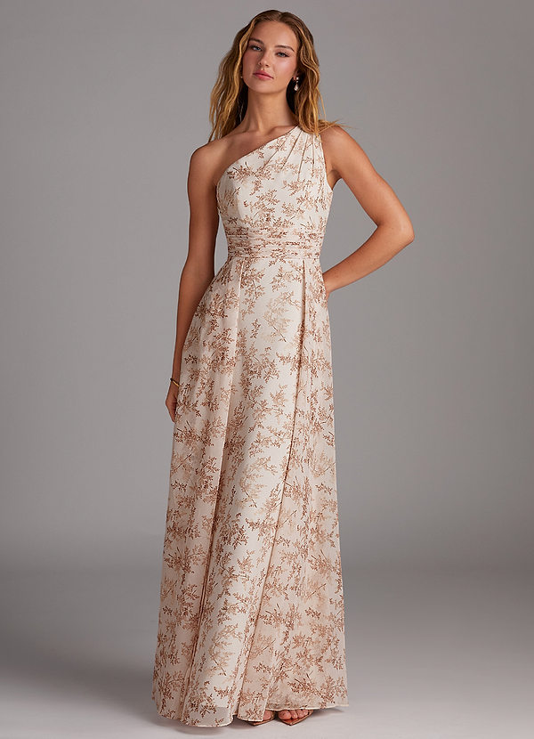 Azazie Dallas Abiti da Damigella Abito A-Line in Chiffon Monospalla Pink Fern Floral image1
