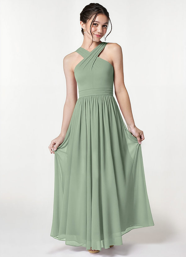 Azazie Jiya Junior Dusty Sage A-Line Pleated Mesh Dress image1
