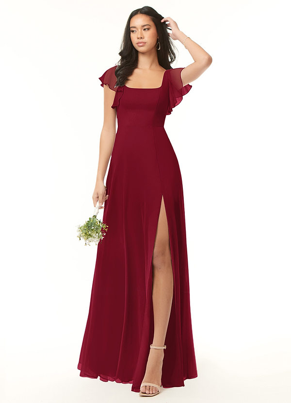 Azazie Bondi Bridesmaid Dresses Burgundy Flowy Ruffled Chiffon Dress image1