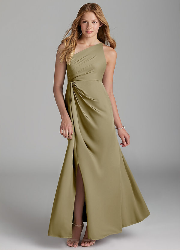 Azazie Mika Junior Robe Trapèze en Satin extensible Plissée Vert Mousse image1