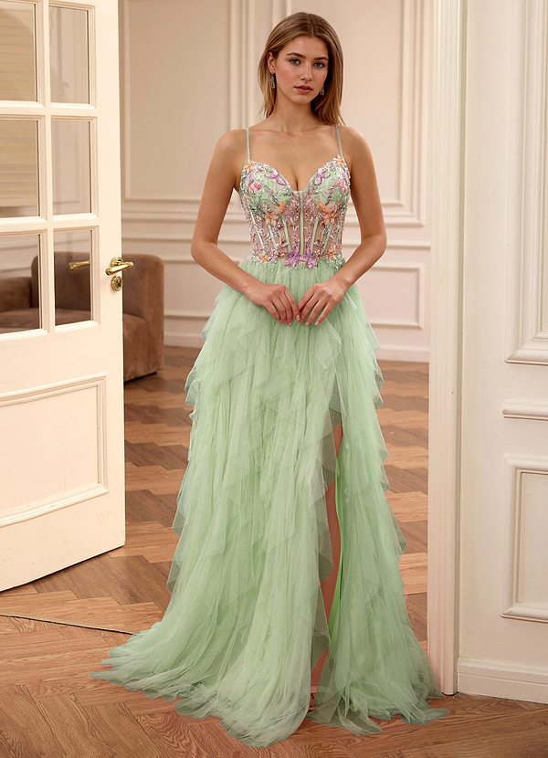 Madellow Grün Paillettenbesetztes Tüll-A-Linien-Korsett-Abendkleid image1