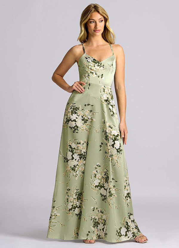Azazie Mei Bridesmaid Dresses Floral Vines A-Line V-Neck Stretch Satin Dress image1
