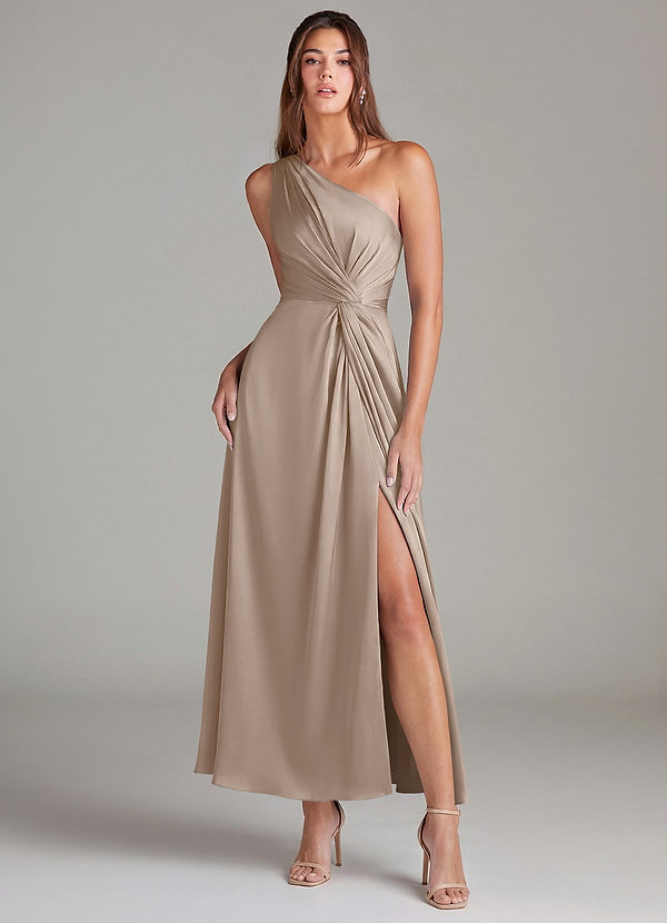 Azazie Brooke Abiti da Damigella Abito A-Line in Raso Elasticizzato Monospalla Taupe image1