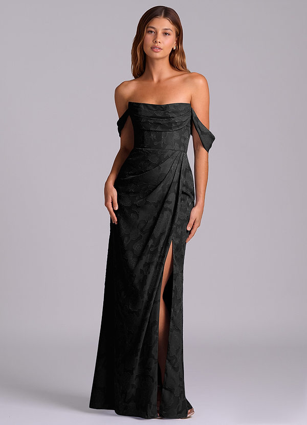 Azazie Johana Bruidsmeisjes Jurken Converteerbaar Jurk van Bloemen Burn-out met Zeemeermin Off the Shoulder Zwart image1