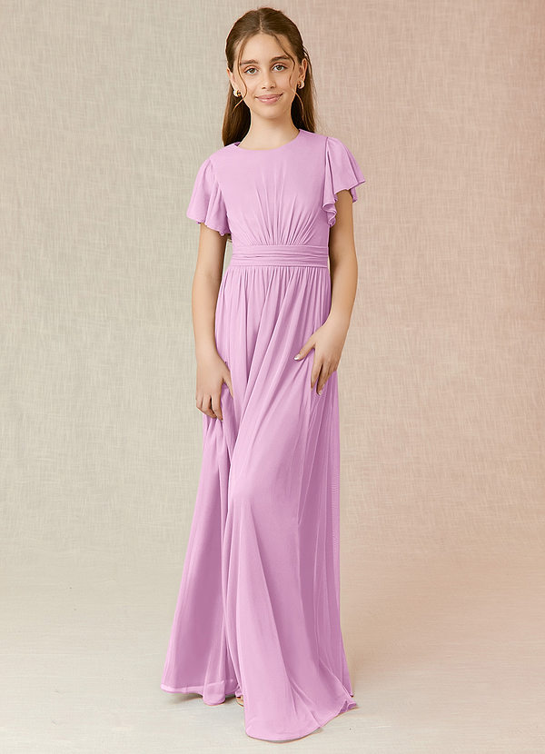 Azazie Mosley A-Line Ruched Mesh Floor-Length Junior Bridesmaid Dress image1