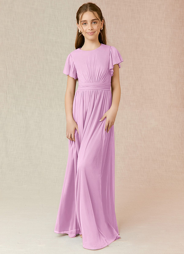 Azazie Mosley Junior Candy Pink A-Line Ruched Mesh Dress image1