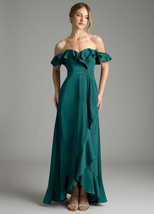 Azazie Lyra Bridesmaid Dresses Peacock A-Line Off the Shoulder Stretch Satin Convertible Dress image1